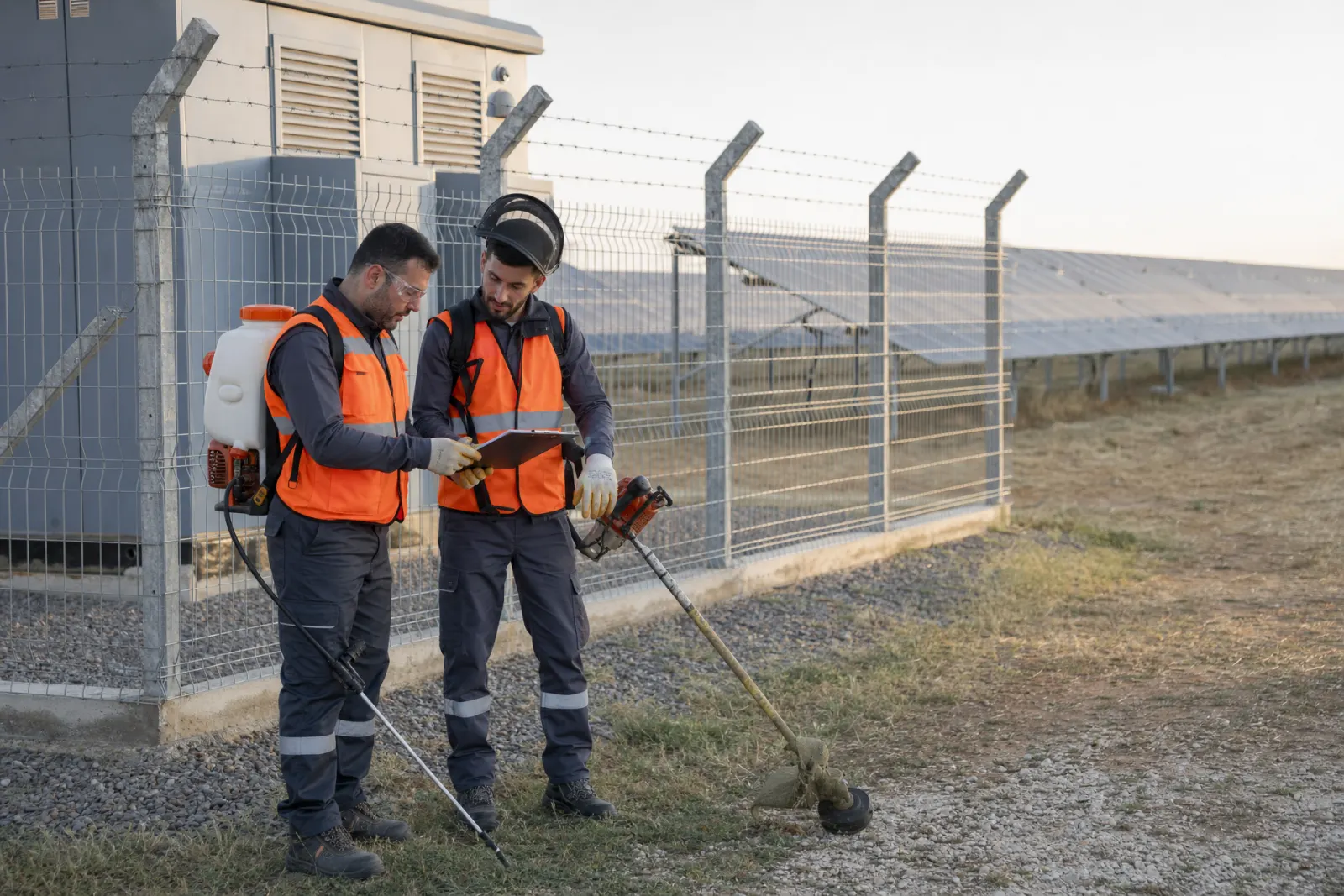 Turuncu yelekli iki uygulayıcı, sırt pompası ve tırpanla trafo çevresinde çalışma öncesi formu kontrol ediyor
