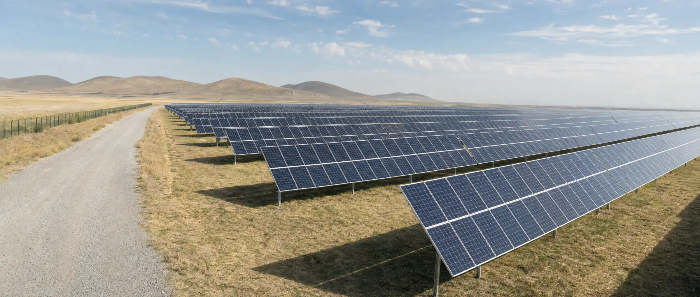 Anadolu bozkırında bir güneş enerji santrali: servis yolu boyunca uzayan panel sıraları ve çit hattı