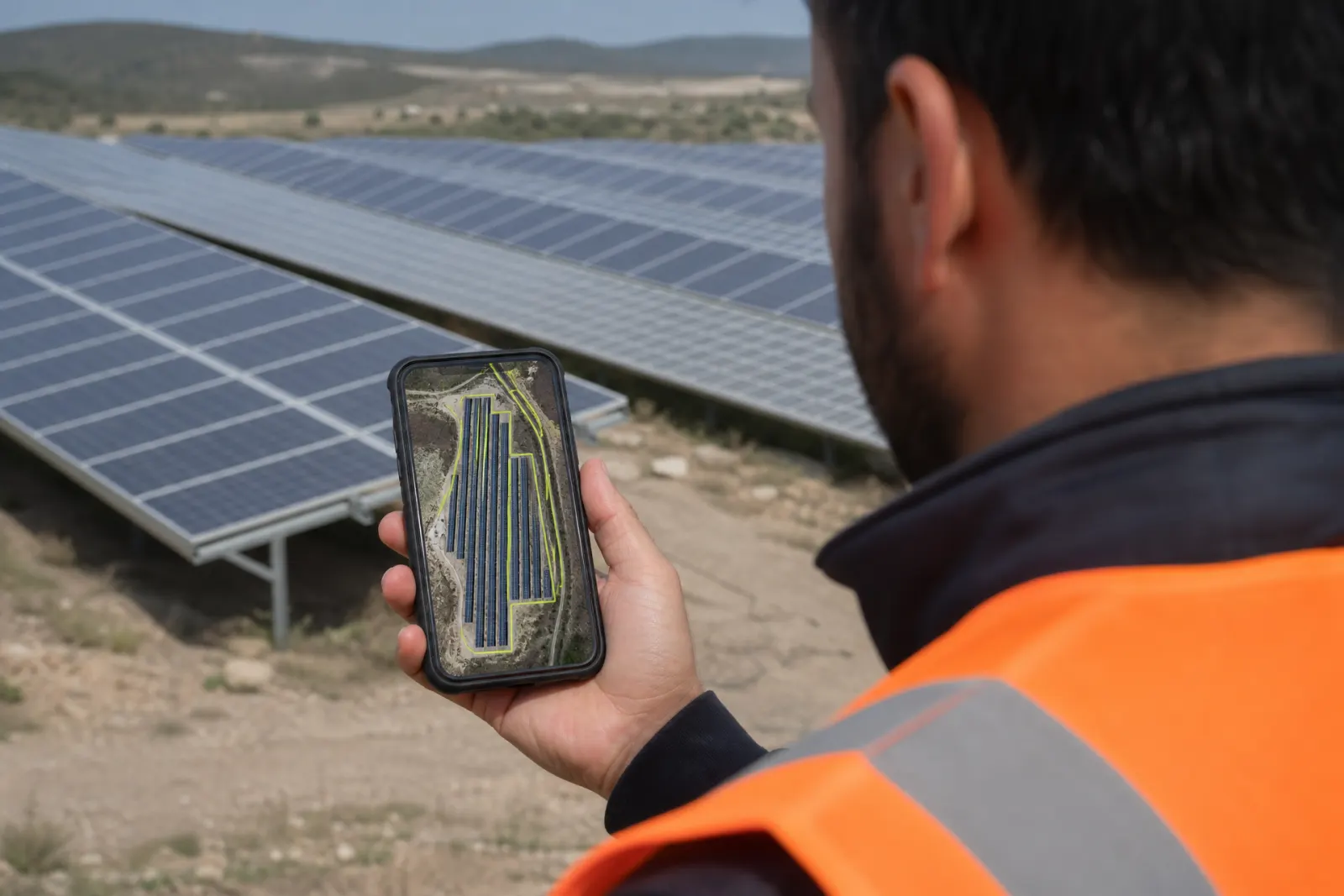 Uygulayıcı, telefon ekranında güneş santralinin uydu haritası ve üzerine çizilmiş saha sınırını gösteriyor