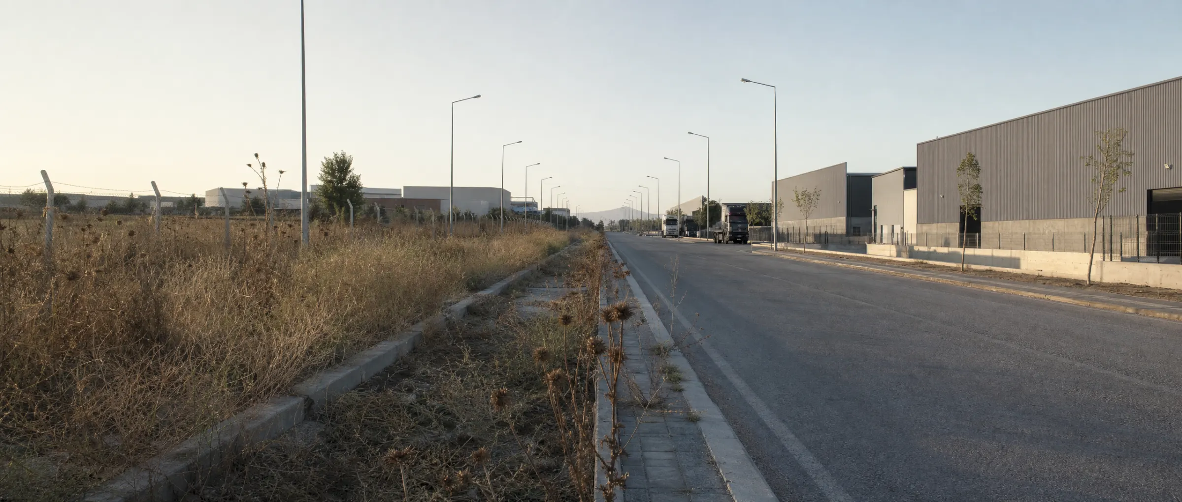 Organize sanayi bölgesi bulvarı: refüj, yol kenarı ve arkada boş parsel