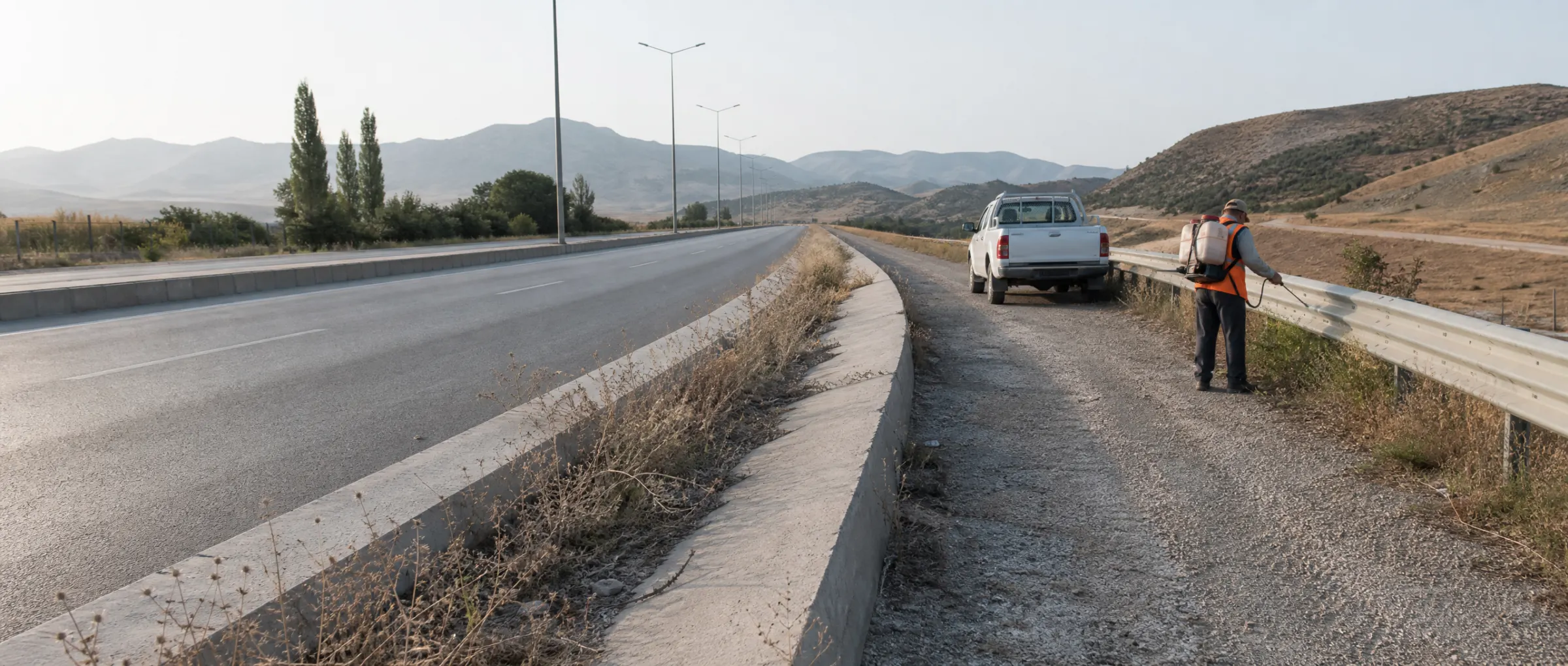 Şehir çıkışında bulvar refüjü ve bariyer dibinde uygulama