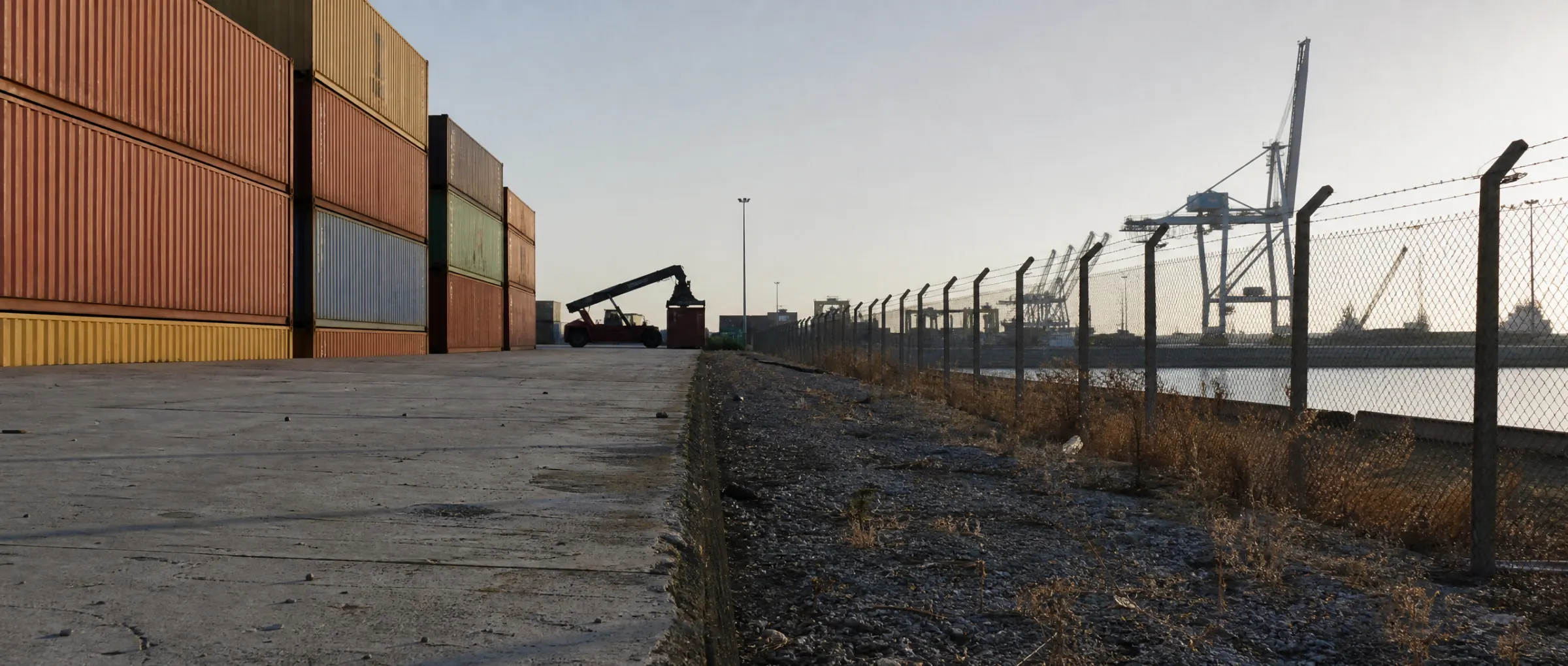 Liman geri sahasında konteyner istifi ve çit dibindeki otlar